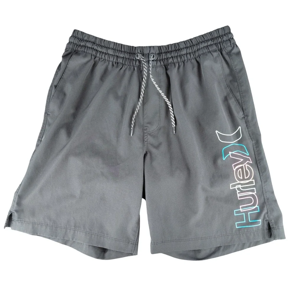 Hurley Mens Board Shorts Gray Logo Swim Trunks‎ Elastic Waist Large 8in Inseam